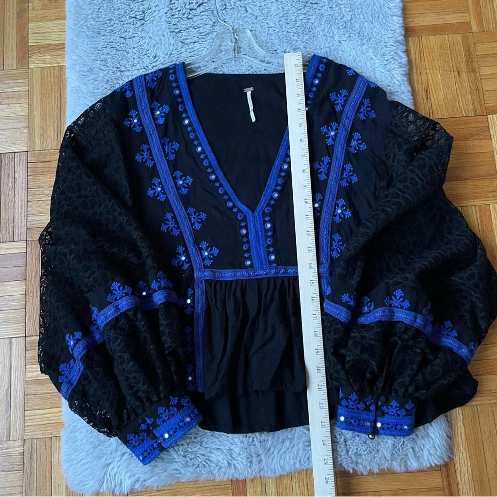 FREE PEOPLE Boogie All Night Peasant Blouse‎ Embroidered Mirror Lace Size Large